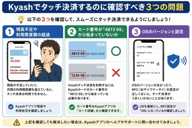 Kyashでタッチ決済できないときに確認すべき3つのポイントをまとめた図。残高不足や利用限度額超過、カード番号が「4813 69」から始まるか、OSやNFC設定が最新かを確認し、問題解決につなげる方法を説明している。