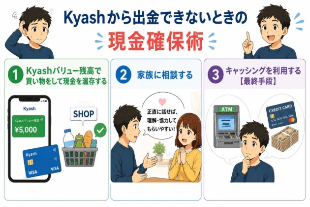 Kyashから出金できないときの現金確保方法をまとめた図。Kyashバリュー残高で買い物をして現金を温存する方法、家族に事情を相談する方法、最終手段としてキャッシングを利用する方法の3つを紹介している。