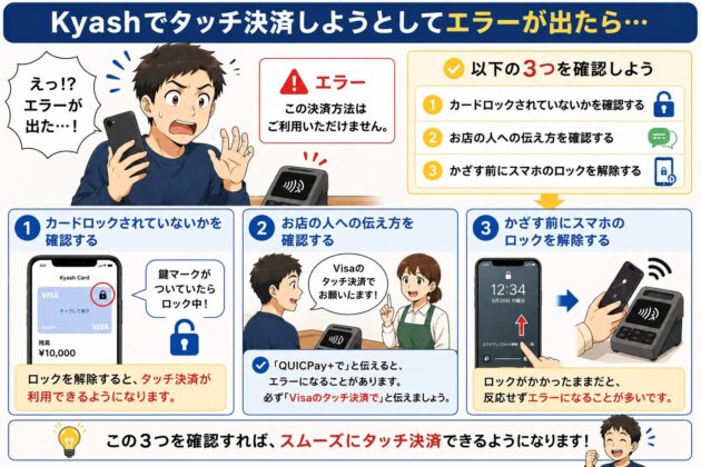 Kyashでタッチ決済時にエラーが出た場合の対処法をまとめた図。カードがロックされていないか確認し、店舗では「Visaのタッチ決済」と伝え、決済前にスマートフォンのロックを解除する3つの確認ポイントを紹介している。