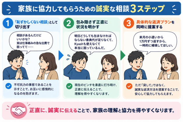 家族に協力してもらうための誠実な相談方法を3ステップで解説する図。恥ずかしくない相談として切り出し、急な出費など現在の状況を包み隠さず説明し、返済時期や金額を具体的に提案することで理解と協力を得やすくする流れを示している。