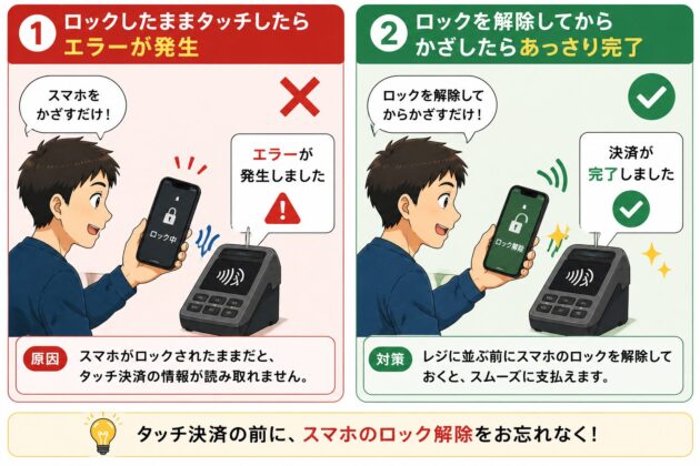 スマートフォンをロックしたままKyashでタッチ決済するとエラーになり、ロック解除後にかざすと決済できることを説明した図。スムーズに支払うため、レジに並ぶ前にスマートフォンのロックを解除しておくよう案内している。
