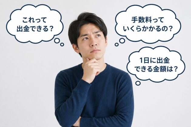 Kyashの出金について疑問を抱く人物のイメージ。出金できる条件や手数料、1日に出金できる金額など、利用前に確認したいポイントを考えている様子を表している。