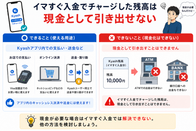 イマすぐ入金でチャージしたKyash残高は現金として引き出せないことを説明する図。Visa加盟店での支払い、オンライン決済、送金や割り勘には利用できる一方、ATM出金や銀行口座への出金はできないことを示している。