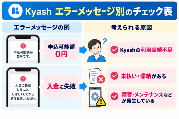 Kyashのエラーメッセージ別に考えられる原因をまとめたチェック表。「申込可能額が0円です」と表示される場合はKyashの利用実績不足、「入金に失敗しました」と表示される場合は未払いや滞納、システム障害・メンテナンスなどが原因として考えられることを解説。