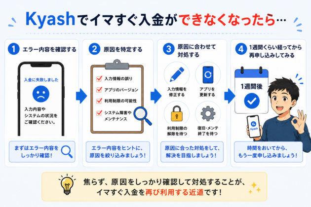 Kyashでイマすぐ入金ができなくなった場合の対処手順をまとめた図。エラー内容を確認し、入力情報やアプリの更新、利用制限、システム障害などの原因を特定して対処したうえで、1週間ほど期間を空けてから再申し込みする流れを説明している
