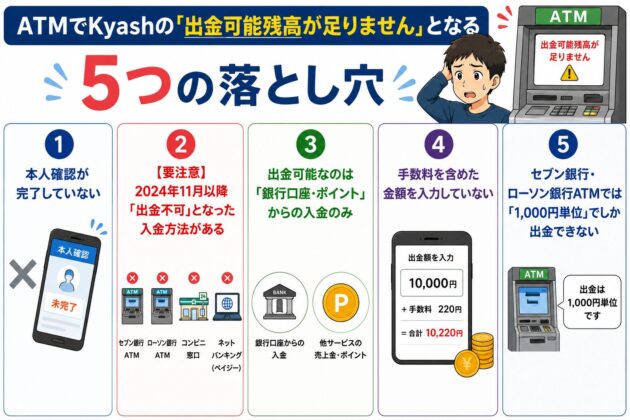 ATMでKyashの「出金可能残高が足りません」と表示される主な原因をまとめた図。本人確認未完了、出金不可となる入金方法、出金可能な残高の種類、手数料を含めた金額設定、ATMは1,000円単位でしか出金できない点の5つを解説している。