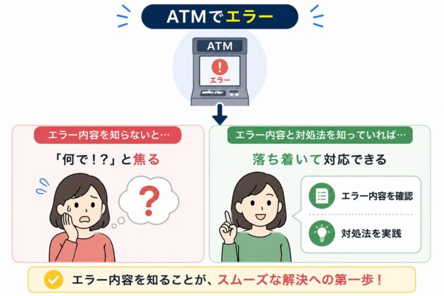 ATMでエラーが発生した際は、エラー内容を確認して対処法を把握することが重要であると説明した図。原因を知ることで落ち着いて対応し、スムーズな解決につながることを示している。