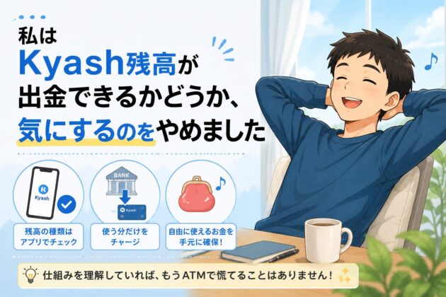 Kyash残高が出金できるかを気にしなくなった理由を紹介するイメージ。残高の種類をアプリで確認し、必要な分だけチャージして自由に使える現金を手元に確保することで、ATMで慌てずに済むことを表現している。